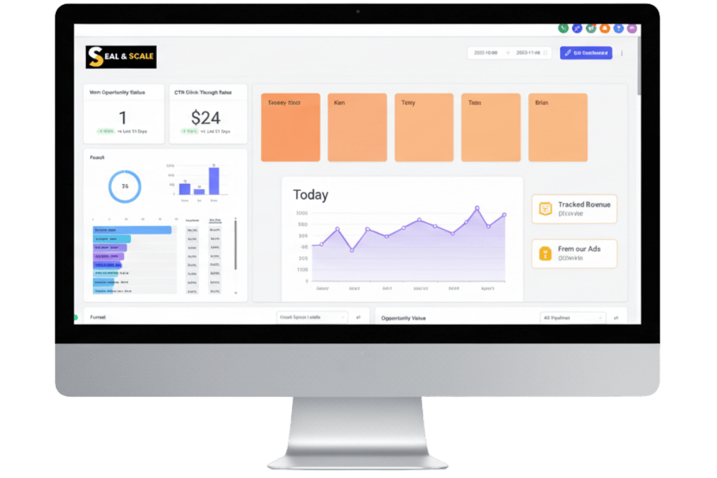 Marketing dashboard on desktop beside benefits list including ROI tracking, brand awareness, remarketing, and targeted campaigns.